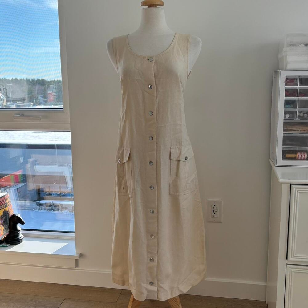Rafaella Retro Ivory Linen Sleeveless Button Up Dress with Pockets Sz 8